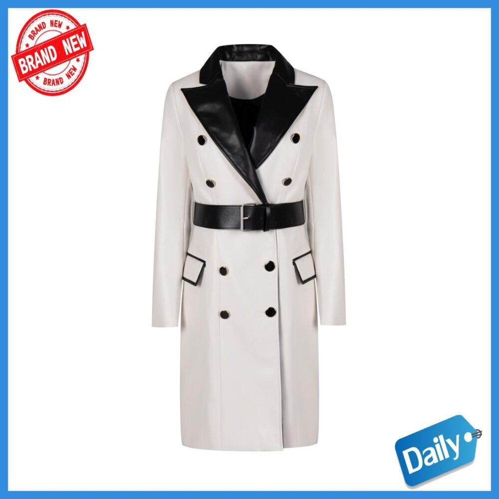 Double-Breasted Trench Coat with Leather Trim, Belted Waist, Formal Style